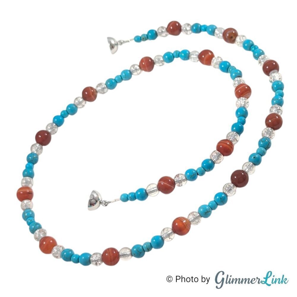 Teal Blue & Burnt Orange Gemstone Glass Beaded Silver Tone Necklace